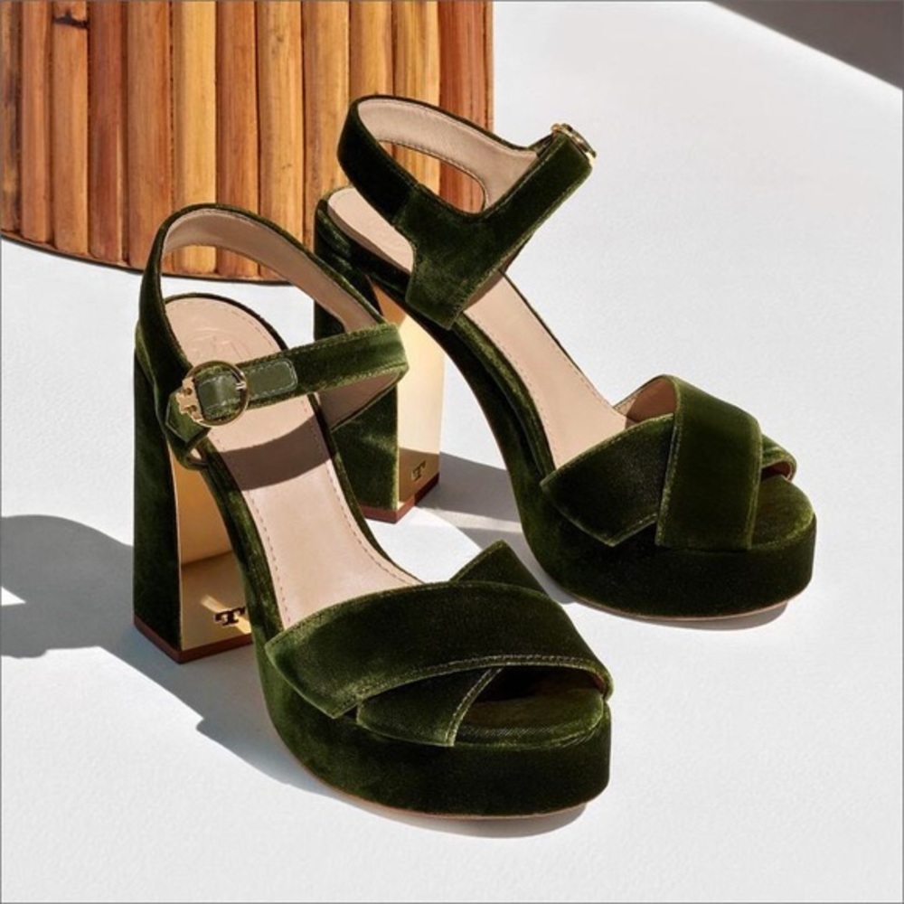 Tory Burch Leaf Green Velvet Platform Shoe RARE